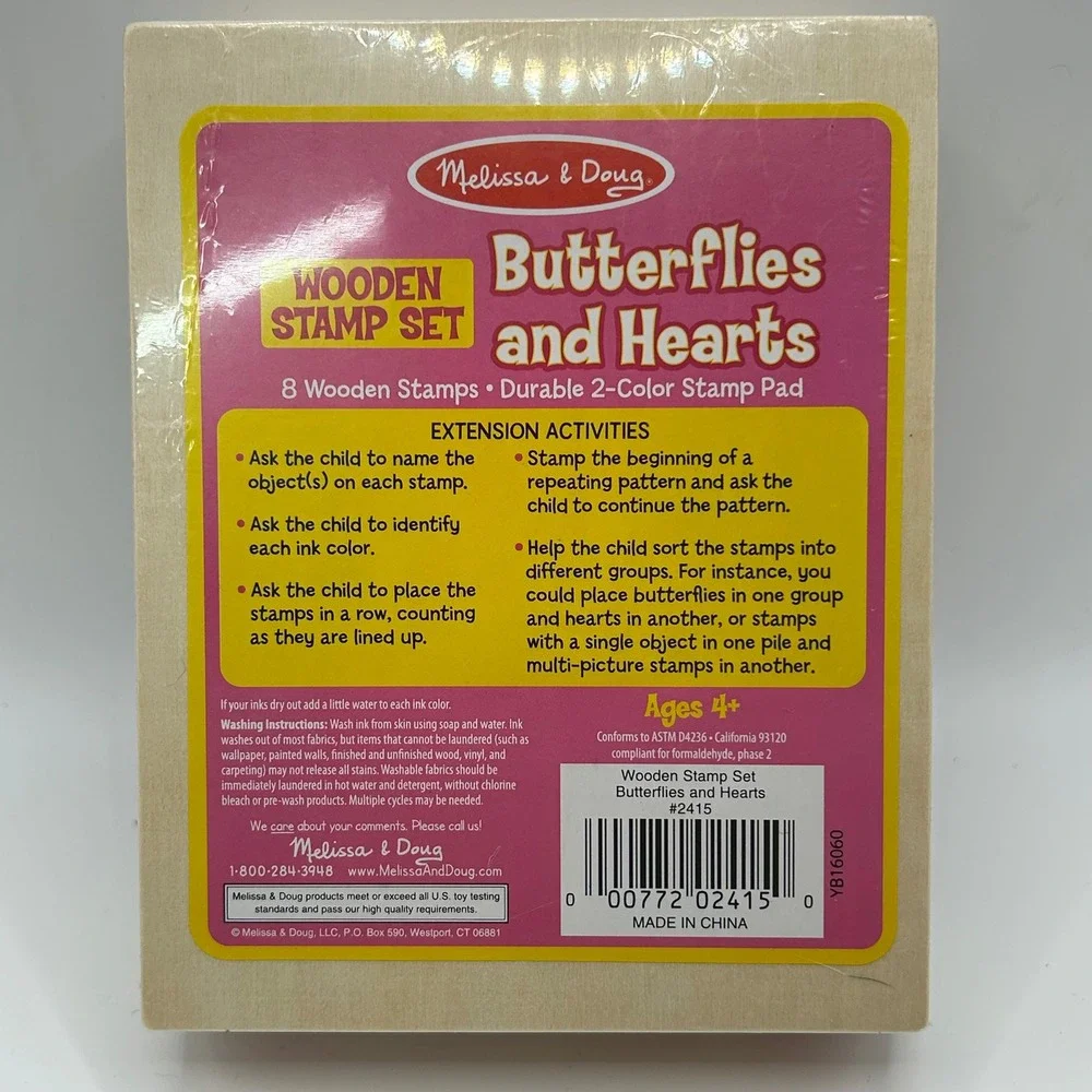 Melissa & Doug Butterflies and Hearts Wooden Stamp Set 8 Stamps Ink Pad 2415 NEW